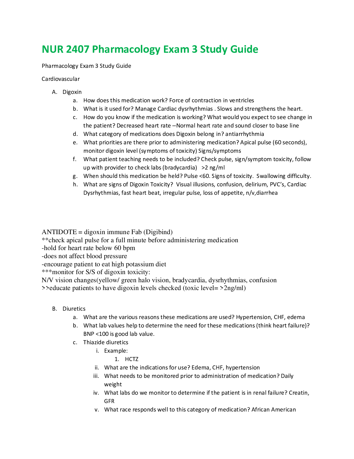 Preview image of NUR 2407 Pharmacology Exam 3 Study Guide document